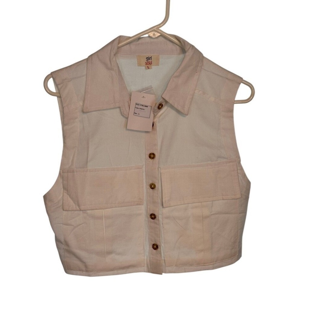 Girl Soul  White Cotton Cropped Button Front Utility‎ Vest  Large